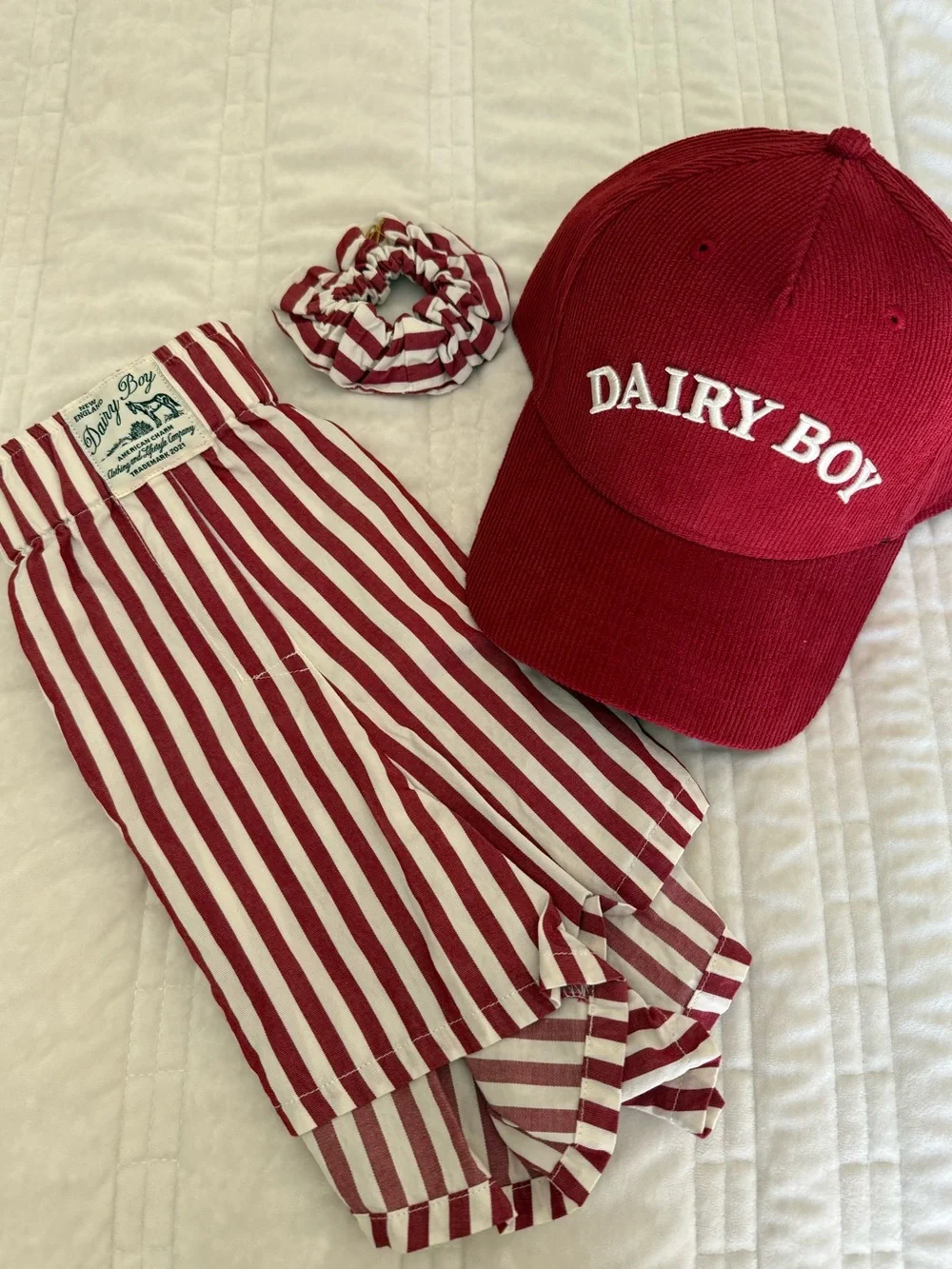 Dairy Boy Red Baseball Cap Hat & Boxer Style Shorts S/M plus Scrunchie Set